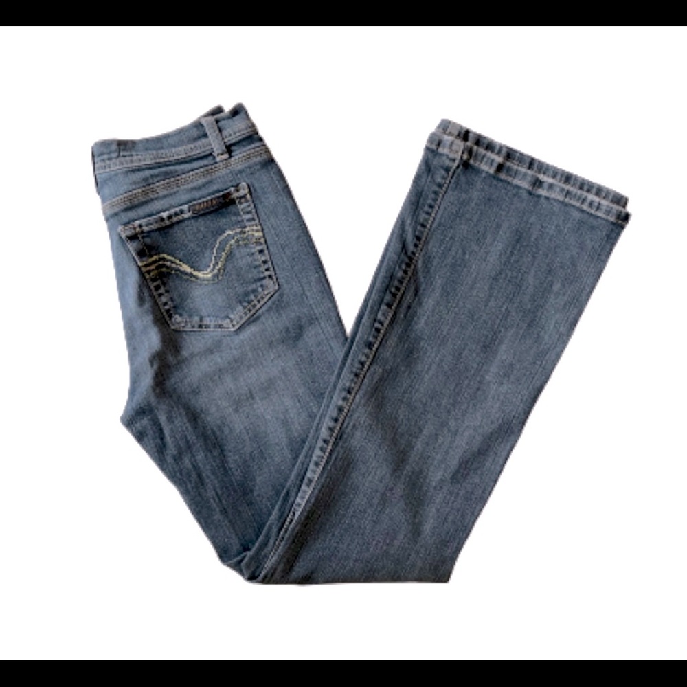 Jeanster Distressed Bootcut Jeans, Size 4